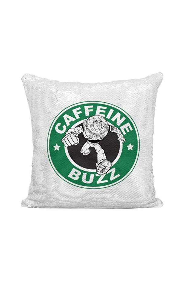 Starbucks Toy Story Caffeine Buzz Printed Sequined Throw Pillow Silver/White/Green 16x16inch