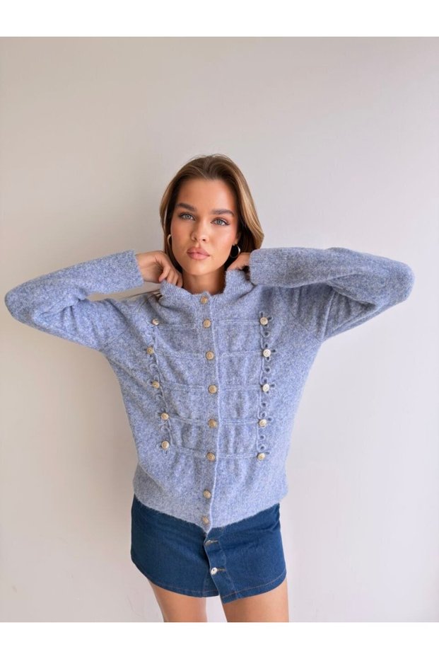 Gold Button Detailed Stand Collar Embossed Pattern Soft Textured Knitwear Cardigan Aw26Hi0048