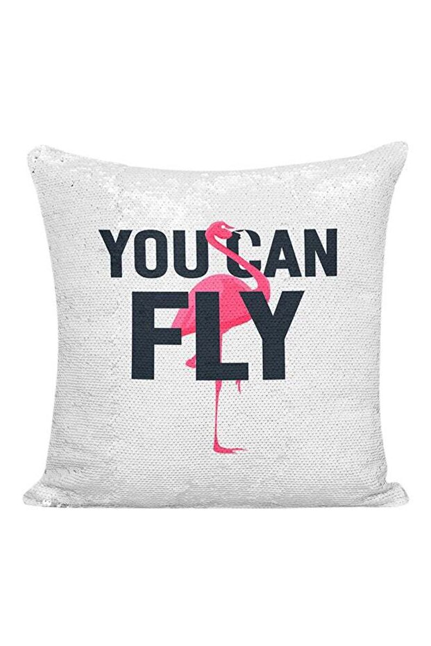 You Can Fly Sequineded Pillow White/Pink/Silver 16x16inch