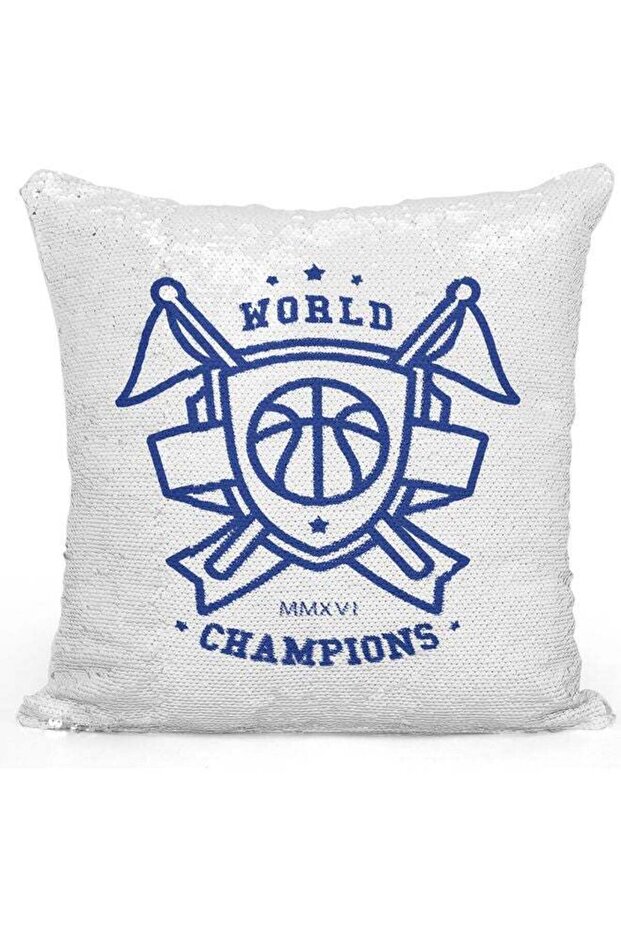 World Champions Themed Sequin Decorative Throw Pillow White/Blue/Silver