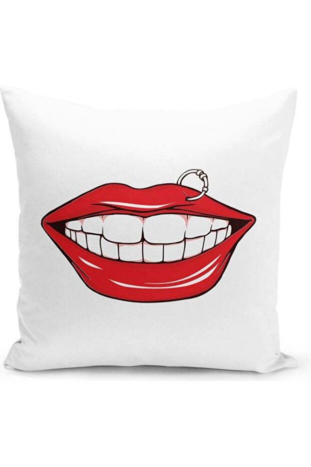 Lips Pierced Design Printed Decorative Pillow White/Red