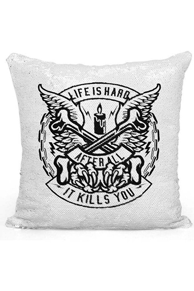 Life Is Hard Printed Sequin Decorative Throw Pillow White/Black/Silver 40x40cm