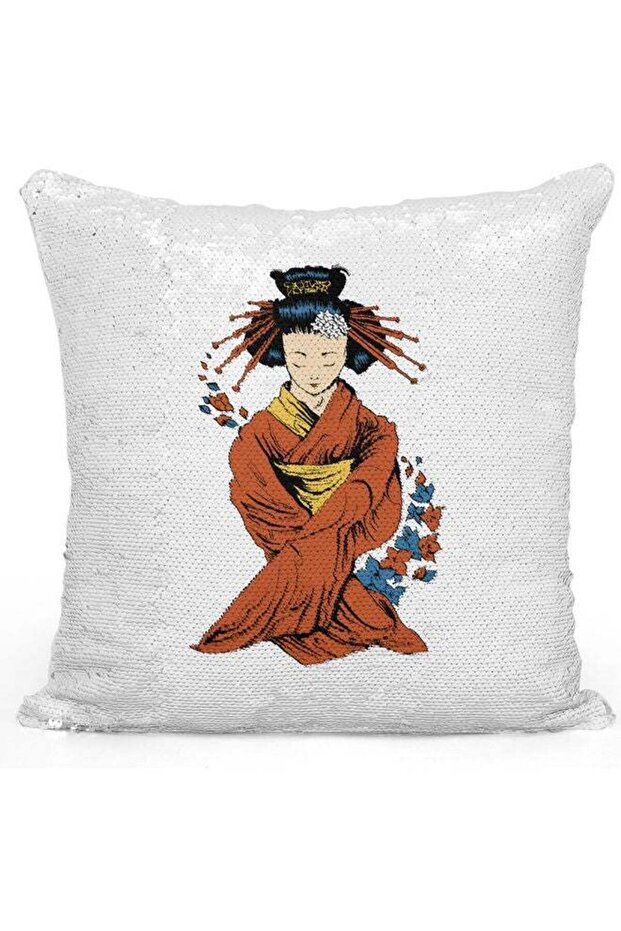 Kimonos Themed Sequin Decorative Throw Pillow White/Brown/Silver 40x40cm