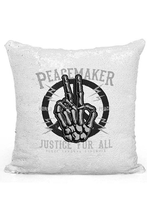 Peace Maker Themed Sequin Decorative Throw Pillow White/Black/Silver