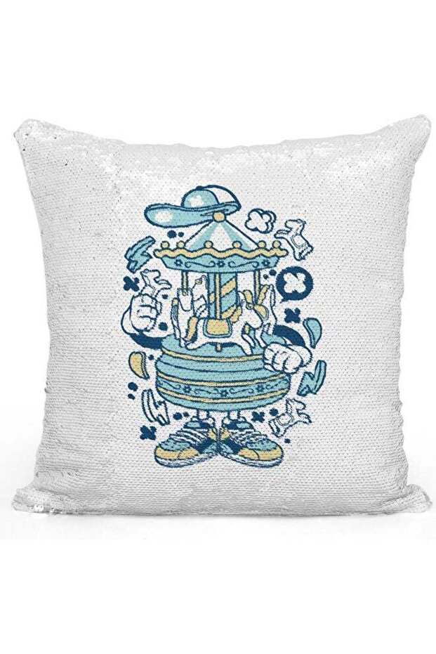 Cute Merry Go Round Character Sequin Decorative Throw Pillow White/Blue/Silver 40x40cm