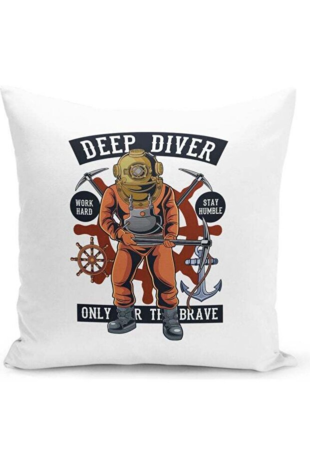 Deep Diver Themed Decorative Throw Pillow White/Brown/Black 40x40cm