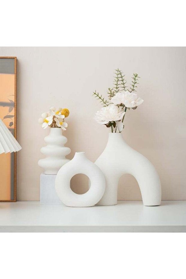 White Ceramic Vase Set of 3 – Boho Nordic Minimalist Decorative Flower Vases for Home Office Living
