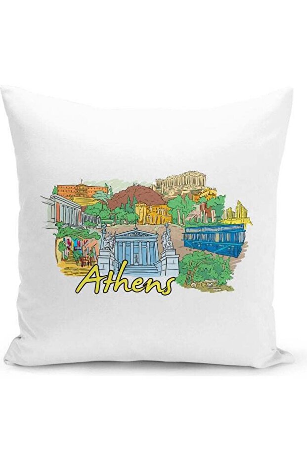 Athens Themed Decorative Throw Pillow White/Yellow/Green 40x40cm