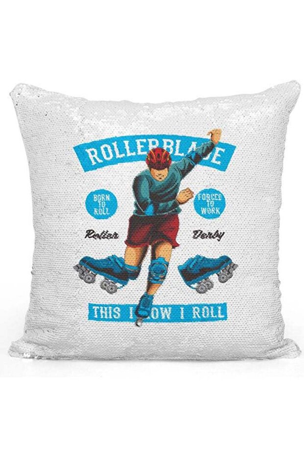 Rollerblade Themed Sequin Decorative Throw Pillow White/Blue/Silver 40x40cm