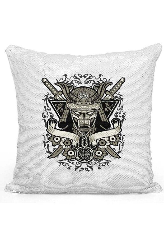 Samurai Themed Sequin Decorative Throw Pillow White/Grey/Silver 40x40cm