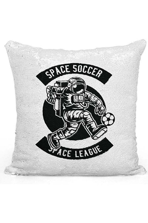 Space Soccer Printed Sequin Decorative Throw Pillow White/Black/Silver 40x40cm