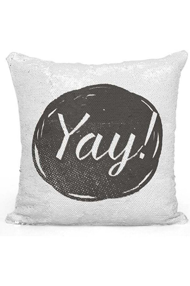 Yay Printed Sequin Decorative Throw Pillow White/Black/Silver 40x40cm