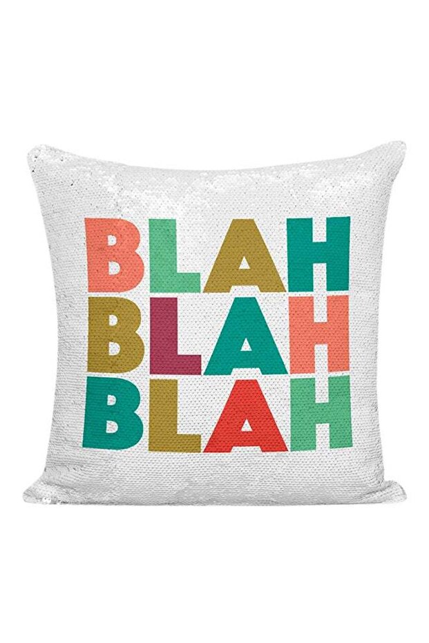 Blah Blah Blah Sarcastic Quote Sequined Decorative Pillow White/Silver/Green 16x16inch