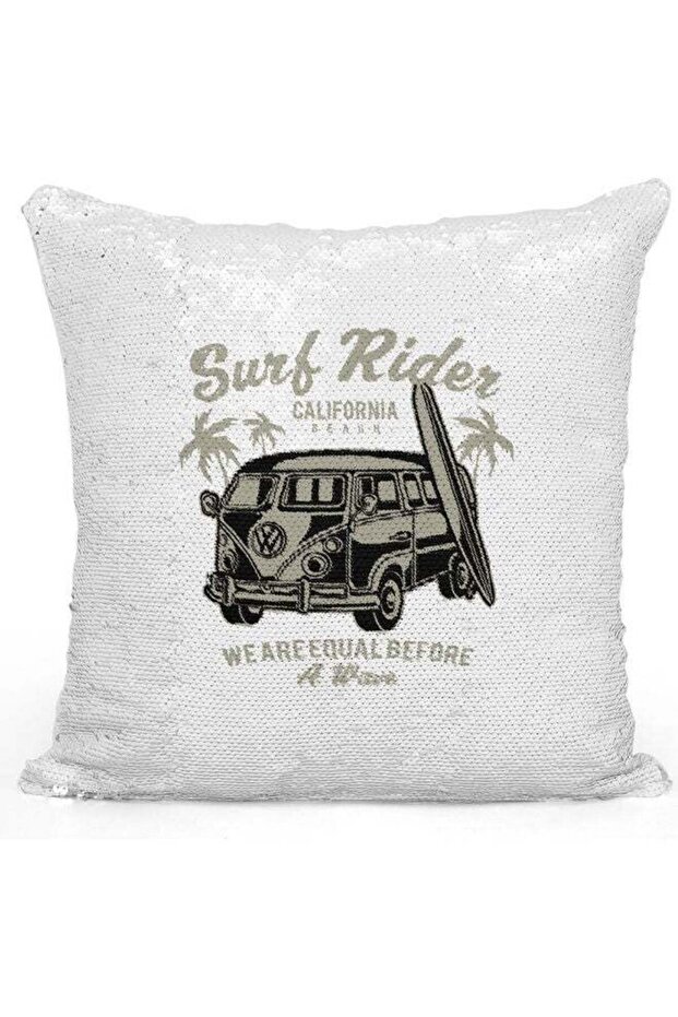 Surf Rider Themed Sequin Decorative Throw Pillow White/Grey/Silver 40x40cm