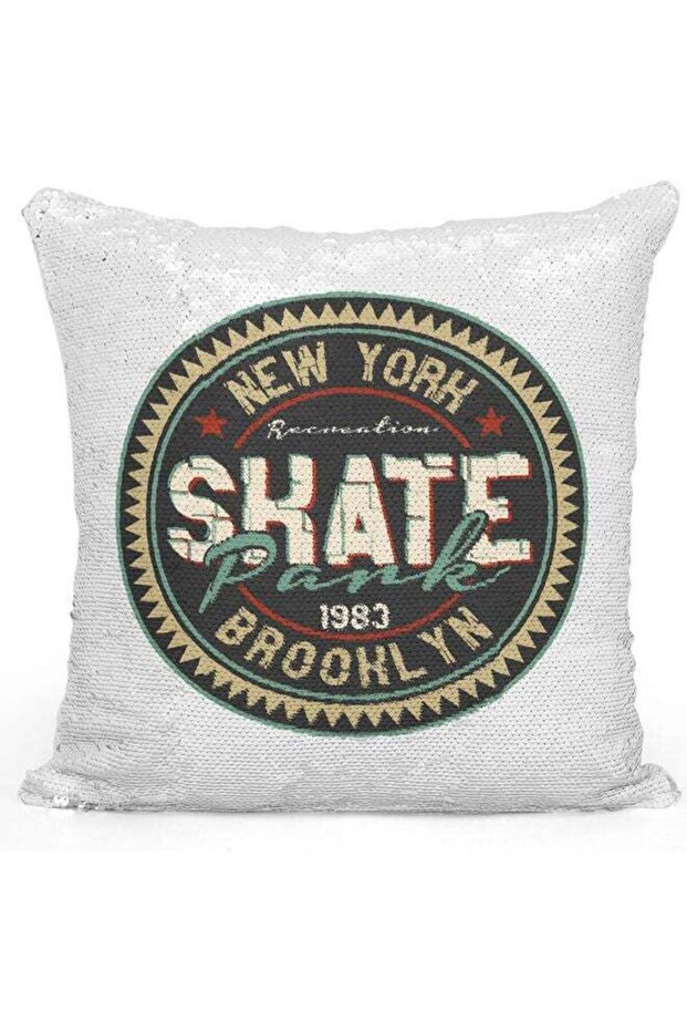 Skate Park Themed Sequin Decorative Throw Pillow White/Green/Silver