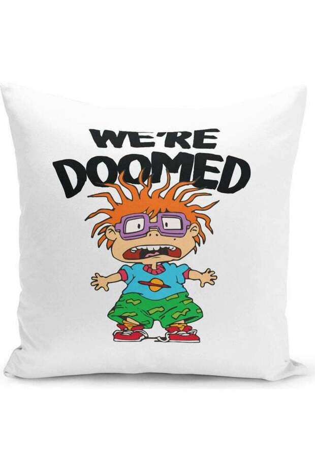 We Are Doomed Chuckie Rugrats Quote Funny Themed Throw Pillow White/Blue/Green 16x16inch