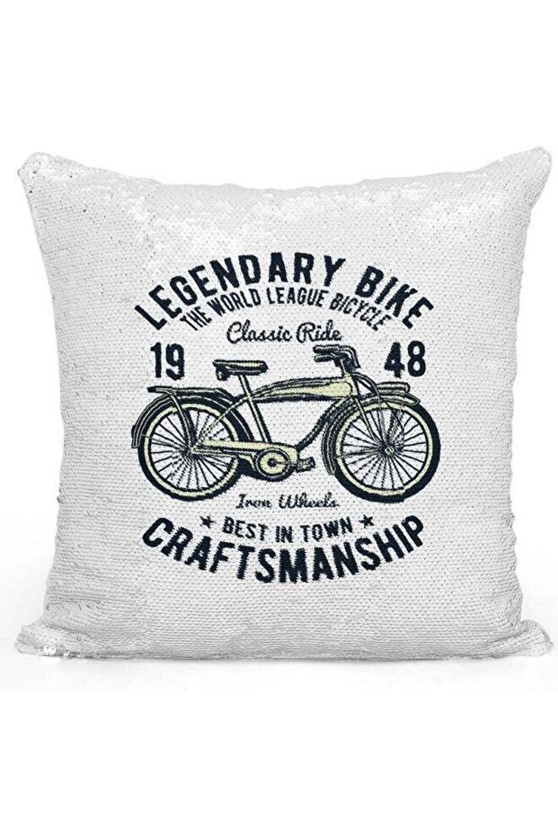Bike Design Sequin Decorative Pillow White/Black