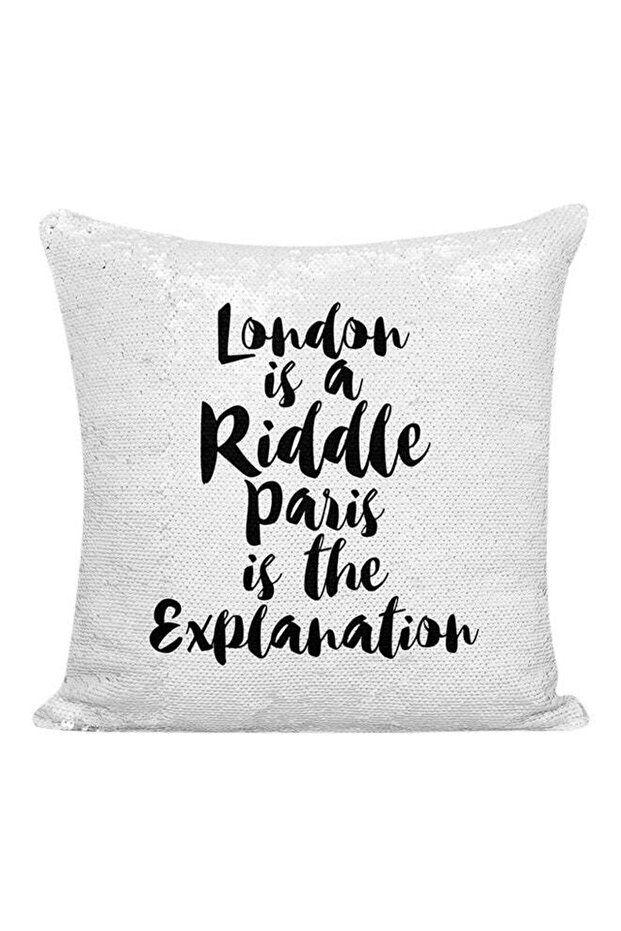 London Is A Riddle Paris Is The Explanation Sequined Decorative Pillow White/Silver/Black 16x16inch