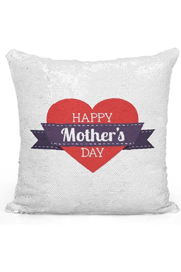 Heart Themed Sequin Decorative Throw Pillow White/Red/Silver 40x40cm