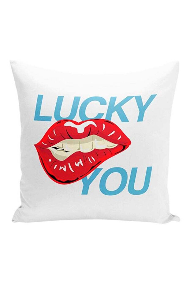Lucky You Lipstick Decorative Pillow White/Blue/Red 16x16inch