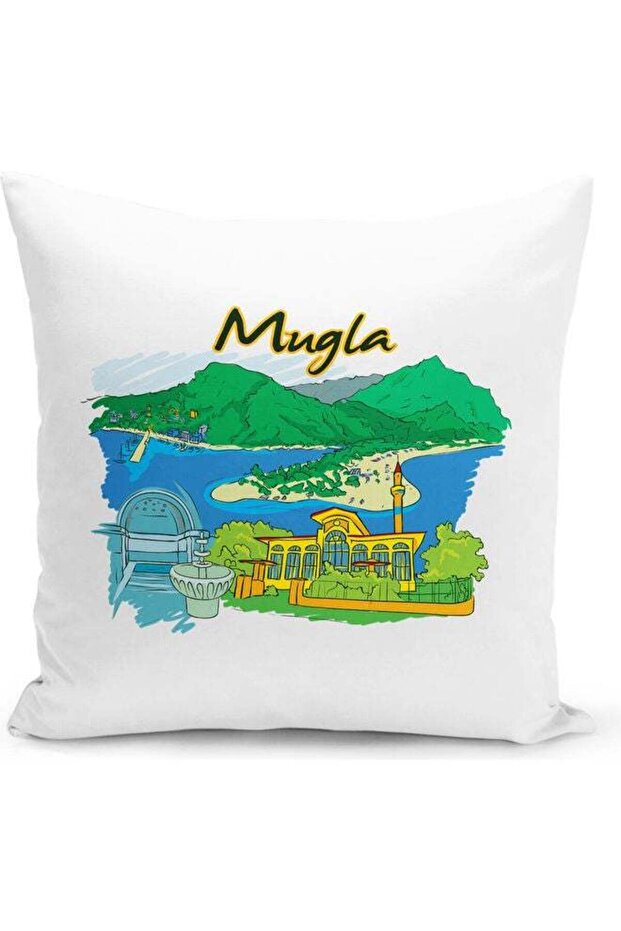 Mugla Themed Decorative Throw Pillow White/Blue/Green 40x40cm