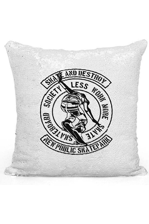 Skate And Destroy Quote Themed Sequin Decorative Throw Pillow White/Black/Silver 40x40cm