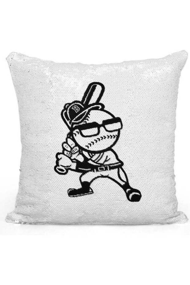 Baseball Printed Sequin Decorative Throw Pillow White/Black/Silver 40x40cm