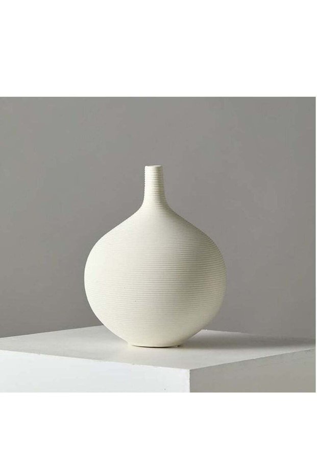 White Medium Spherical Ceramic Embossed Line Vase | Modern Minimalist Flower Vase for Elegant Home
