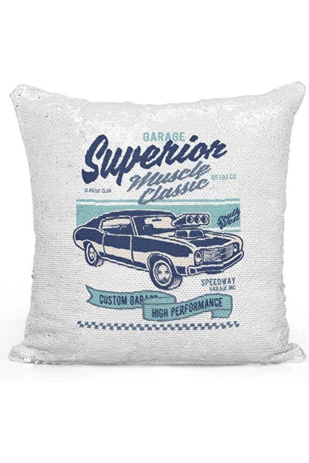Superior Cars Themed Sequin Decorative Throw Pillow White/Silver/Blue 40x40cm