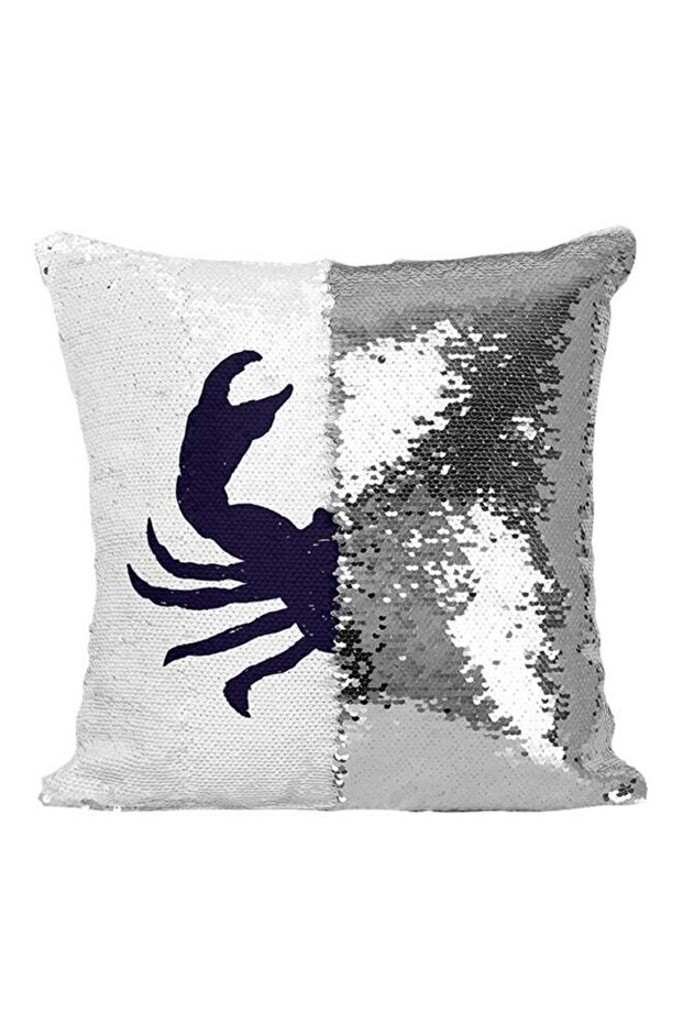 Sea Life Sea Food Crab Silhouette Sequined Throw Pillow Silver/White/Blue 16x16inch