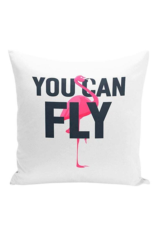 You Can Fly Flamingo Printed Decorative Pillow White/Pink/Black 16x16inch