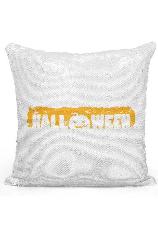 Halloween Themed Sequin Decorative Throw Pillow White/Yellow/Silver 40x40cm
