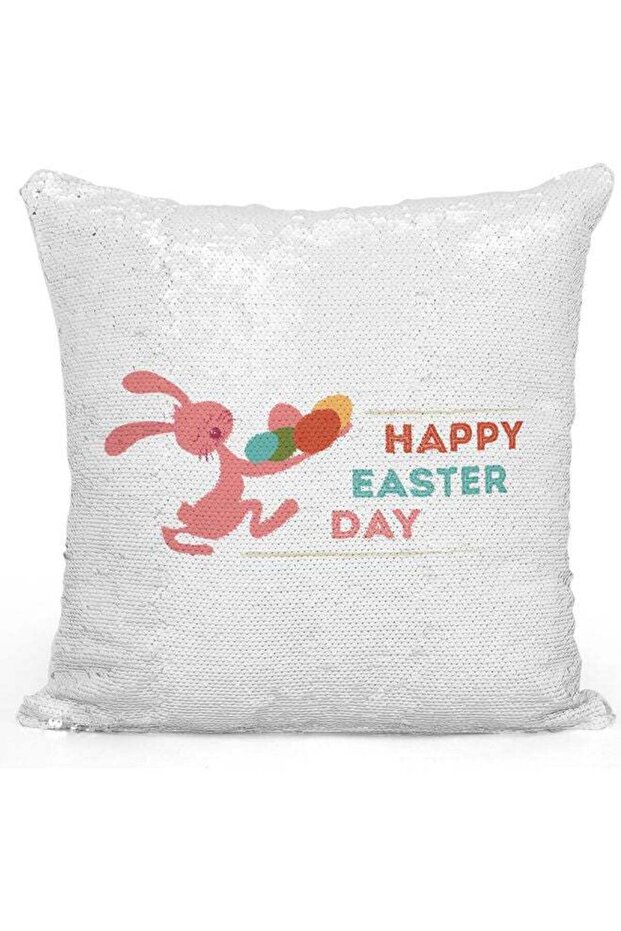 Funny Rabbit Themed Sequin Decorative Throw Pillow White/Pink/Blue 40x40cm