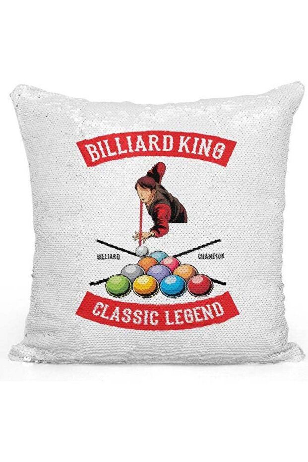 Pool Player Gift Themed Sequin Decorative Throw Pillow White/Silver/Red 40x40cm