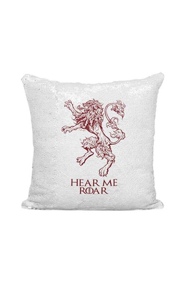 Game Of Thrones House Lannister Hear Me Roar Sigil Printed Sequined Throw Pillow Silver/White/Red 1