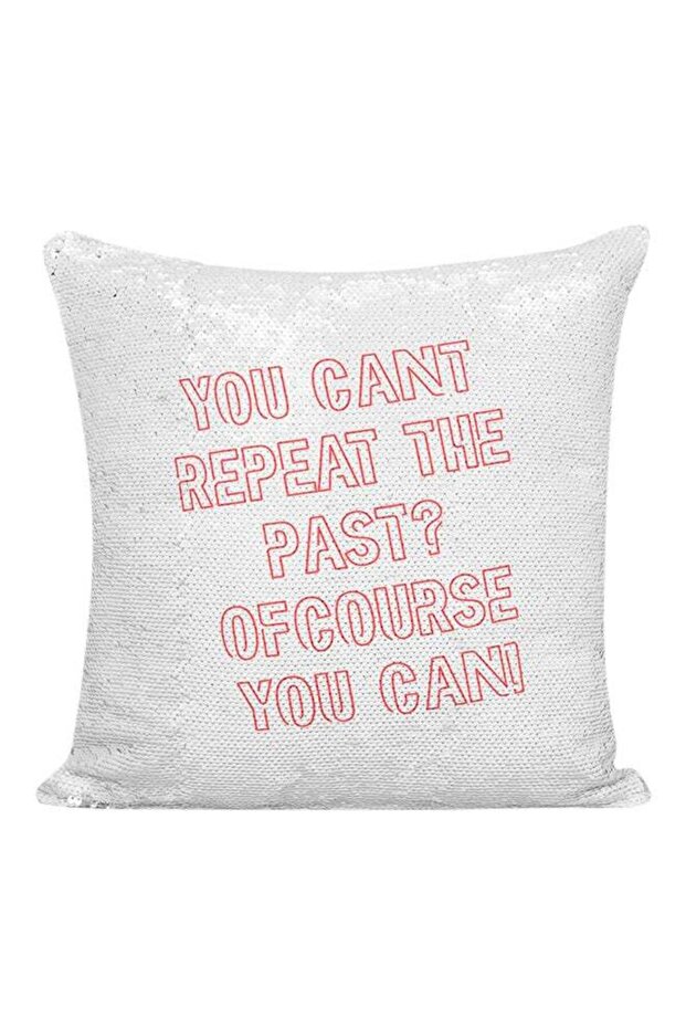 You Cant Repeat The Past Sequined Decorative Pillow White/Silver/Red 16x16inch