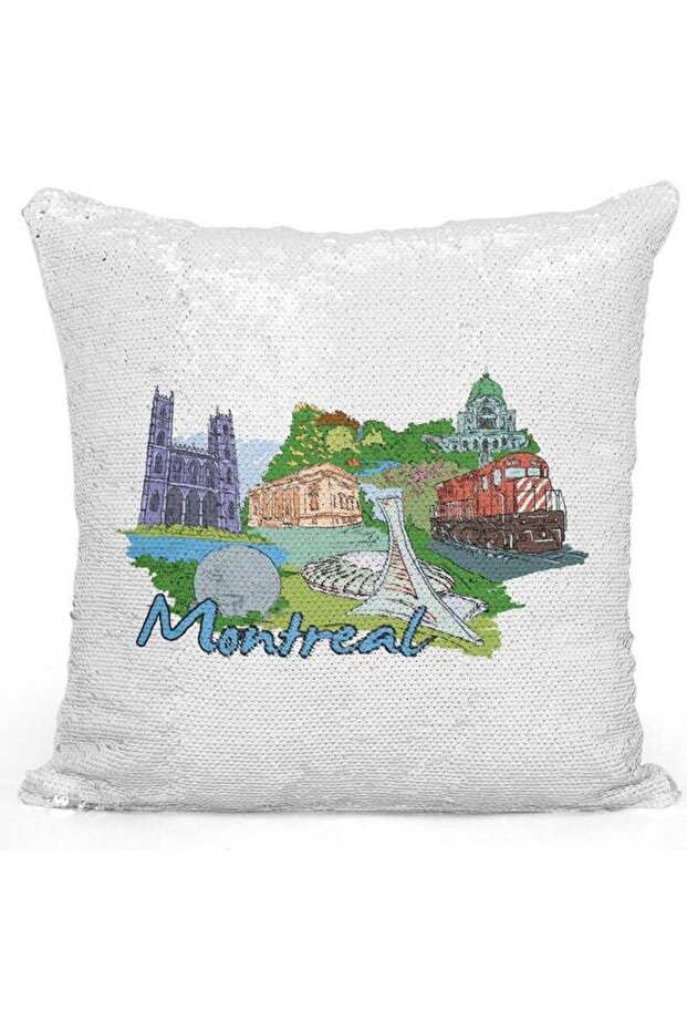 Montreal Themed Sequin Decorative Throw Pillow White/Silver/Green 40x40cm