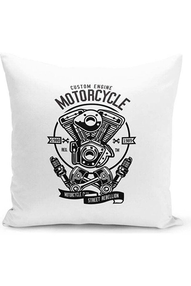 Motorcycle Engine Design Decorative Pillow White/Black