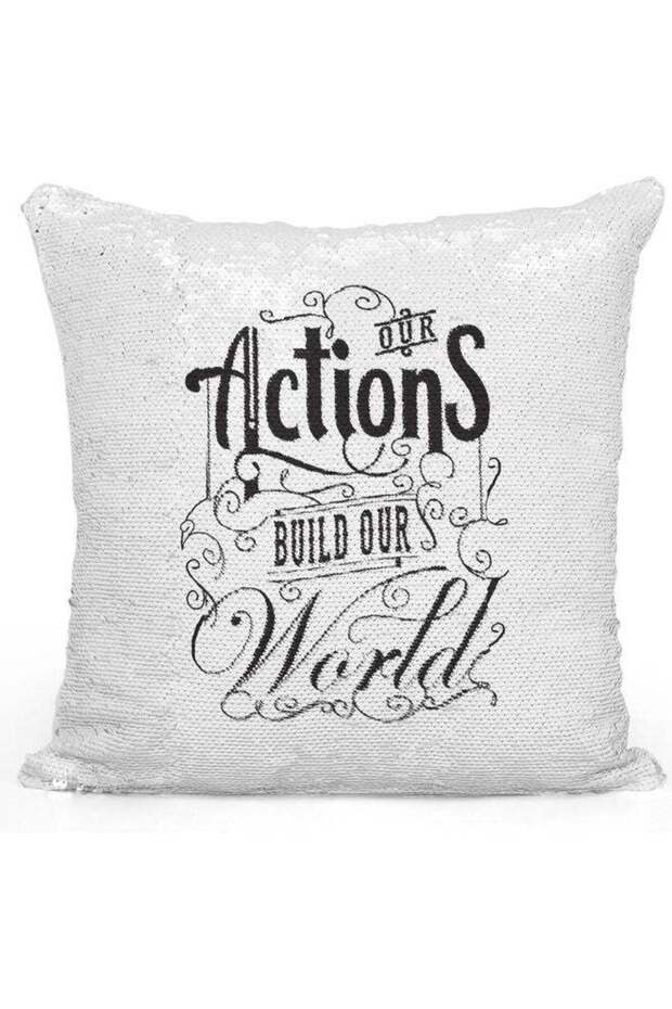 Our Actions Quote Themed Sequin Decorative Throw Pillow White/Silver/Black 40x40cm