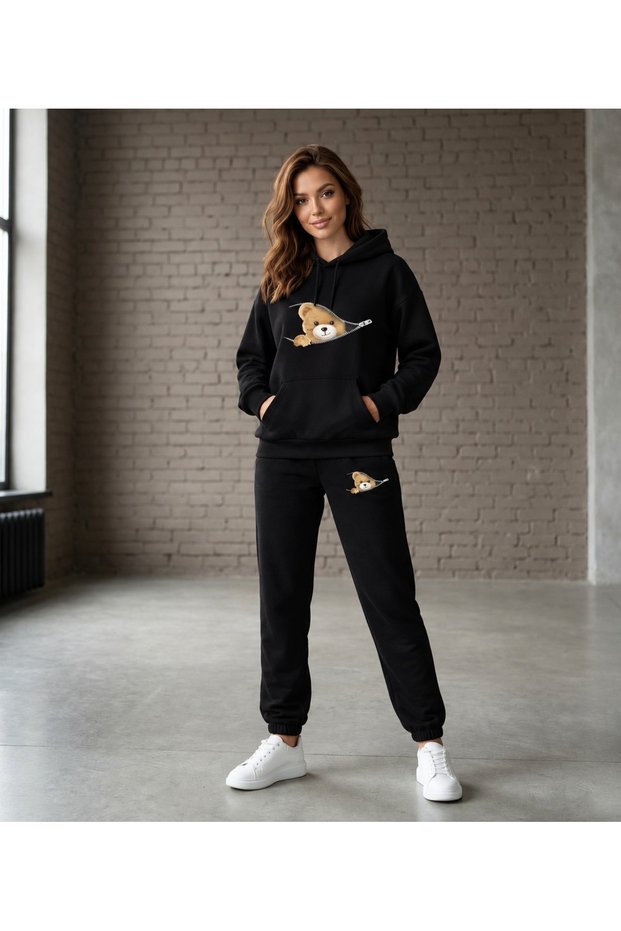 Hooded Sweat Suit 2-Piece Combination with Zippered Bottom and Top, Unisex, with Bear Print