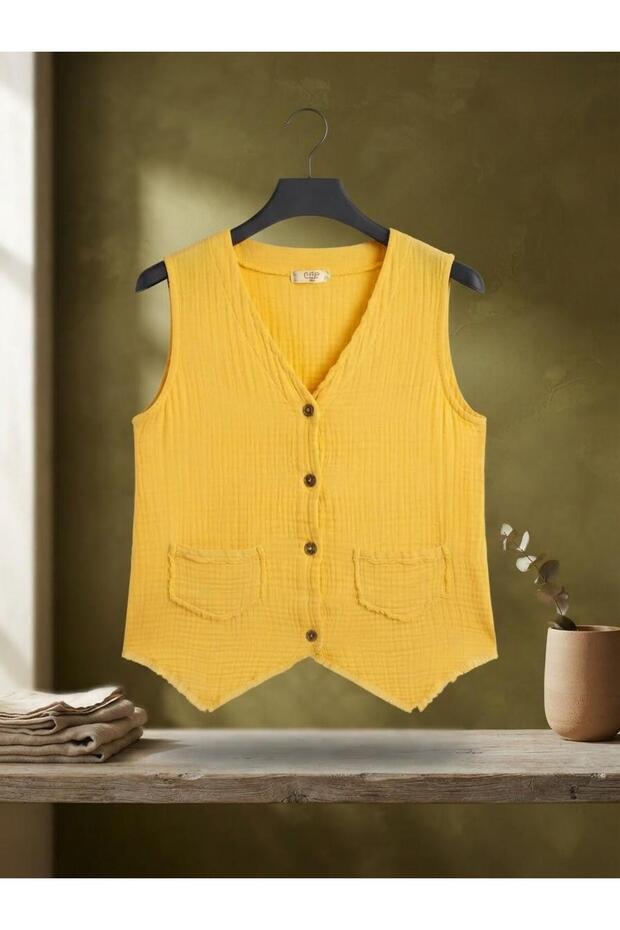Cotton Muslin Buttoned V-Neck Tassel Vest with Dirty Stitching