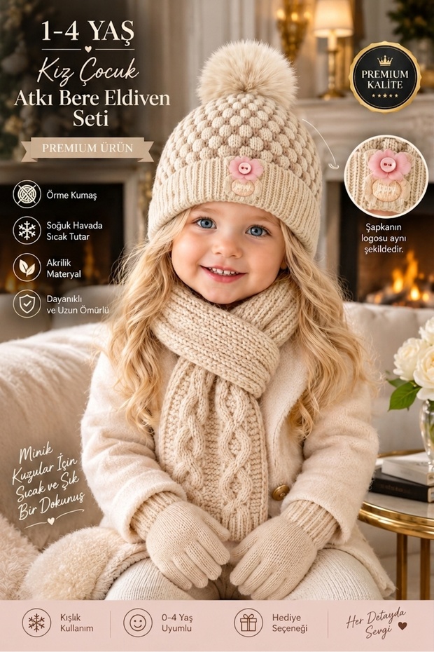 Lux 1-4 Year Old Children's 3-Piece Winter Set: Pompom Beanie, Scarf and Gloves Premium