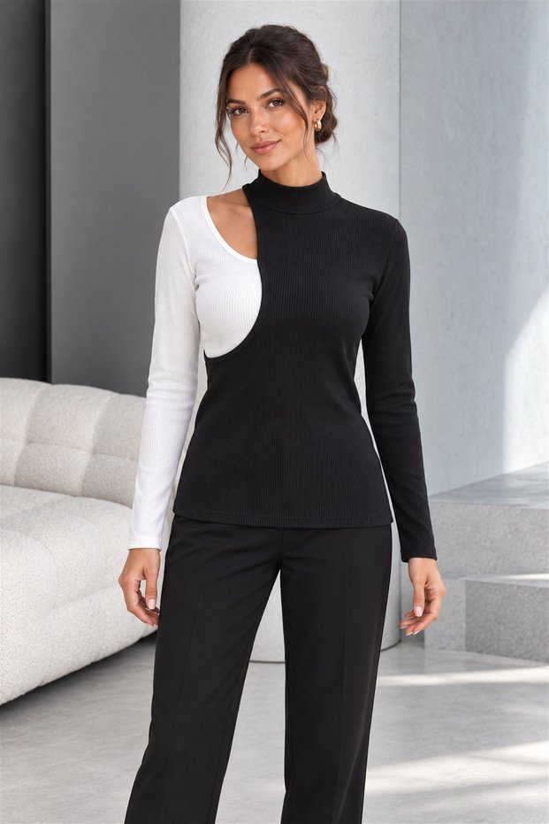 Women's Turtleneck Long Sleeve Asymmetrical Shoulder Cutout Geometric Detailed Camisole Blouse