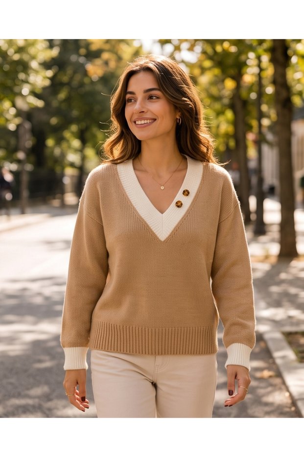 Women's V-Neck Oversize Knit Sweater with Buttons and Knit Detail