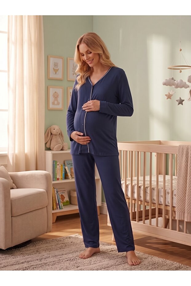 Navy Blue V-Neck Ribbed Front-Buttoned Maternity & Postpartum Pajama Set – Easy Breastfeeding Compatible Soft Textured Home Wear
