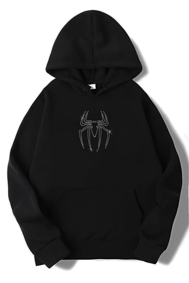 Unisex Oversized White Spider Crystal Stone Printed Hoodie