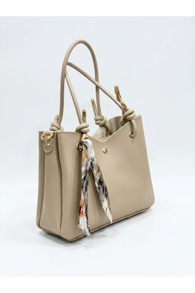 Beige Color Three-Compartment Long Crossbody Women's Hand and Shoulder Bag with Scarf Detail