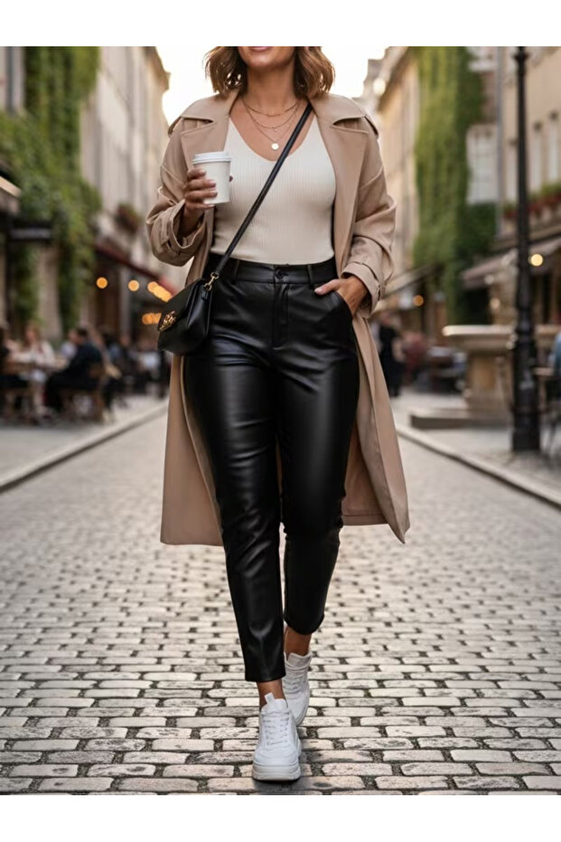Women's High Waist Pocket Leather Pants