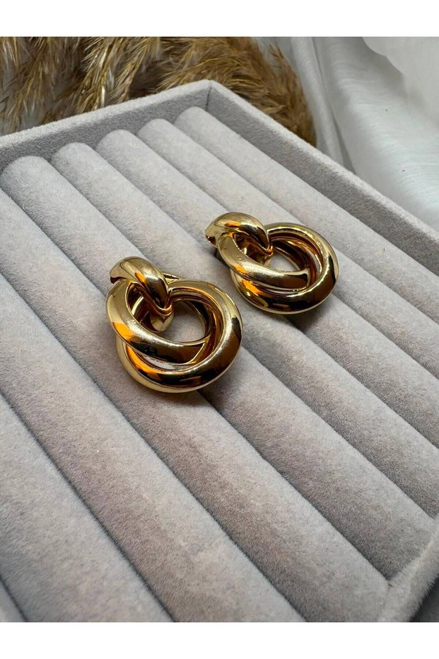 Gold Color Interlocking Thick Hoop Design Women's Earrings