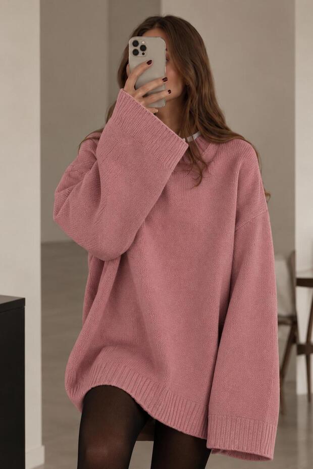 Oversize Soft Textured Women's Knitted Long Sweater Dress Tunic